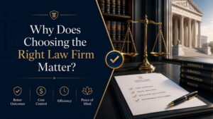 AI-generated image illustrating why choosing the right law firm can affect strategy, efficiency, cost, and outcomes.