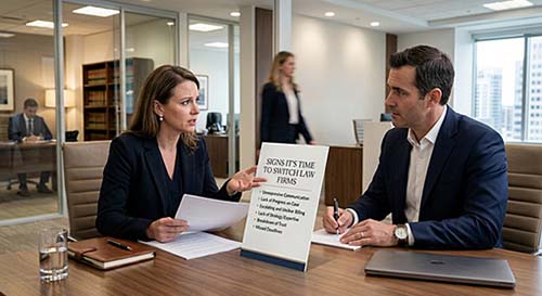 Two professionals in an office conference room discussing a legal document; AI-generated illustrative image.